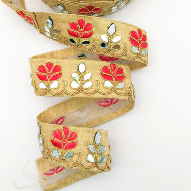 Beige Silk Trim With Mirrors Embellishments and Gold Embroidery, Approx. 38mm Wide, Decorative Trim Costume Trim Floral Trim By Yard
